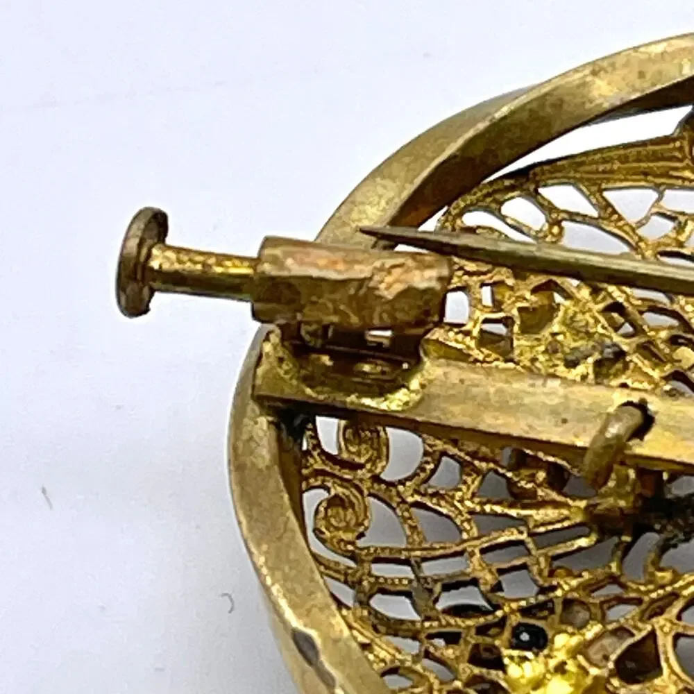 Antique Brass Filigree Brooch with Amethyst-Colored Stones | Trombone Clasp Pin